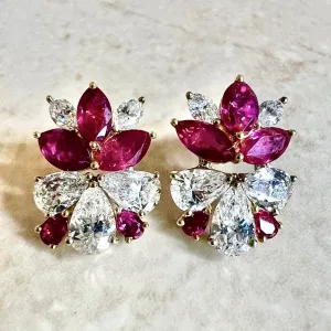 Important Handcrafted 18 Karat Yellow Gold Untreated Burmese Ruby & Diamond Earrings By Carvin French