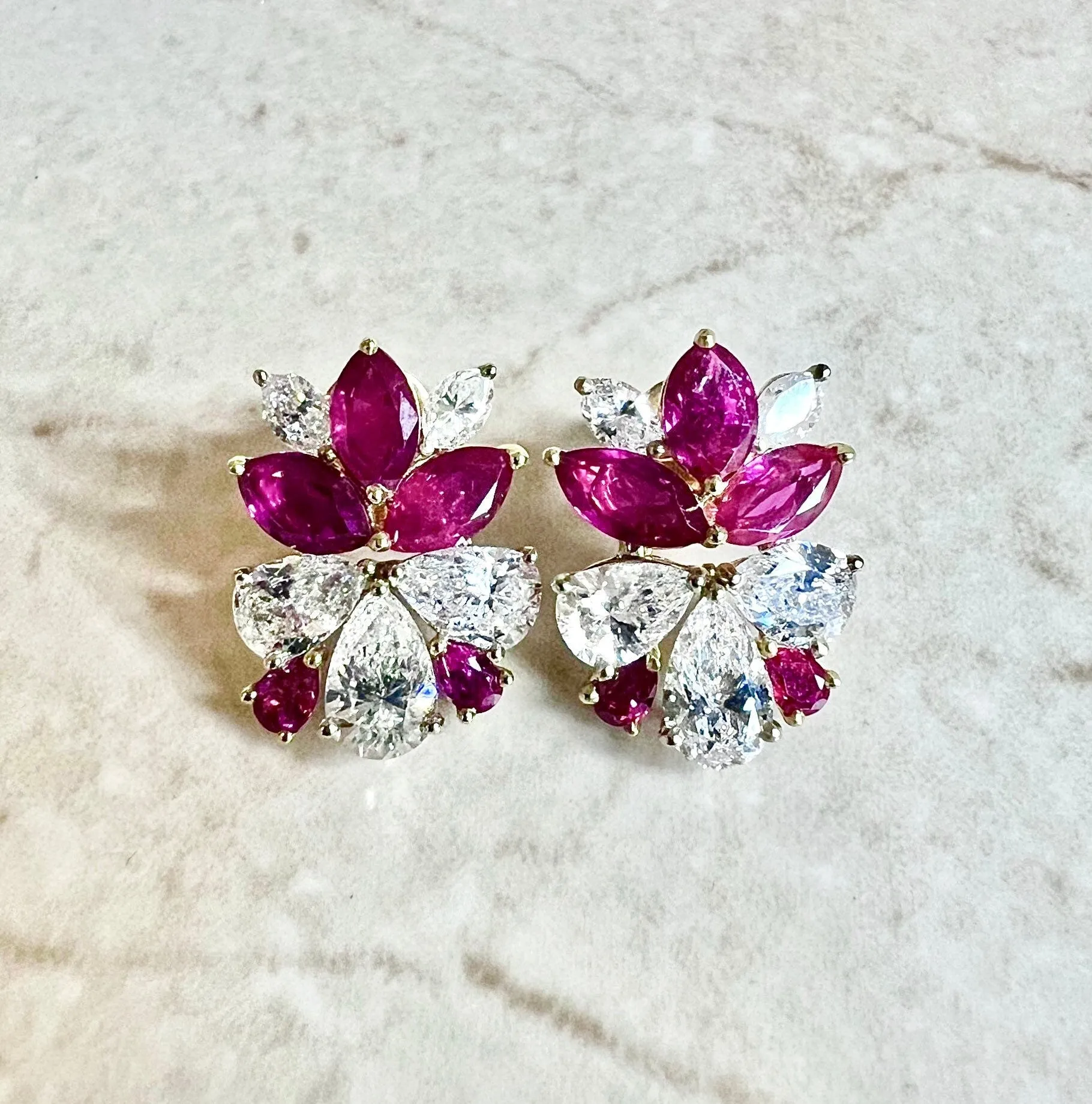 Important Handcrafted 18 Karat Yellow Gold Untreated Burmese Ruby & Diamond Earrings By Carvin French