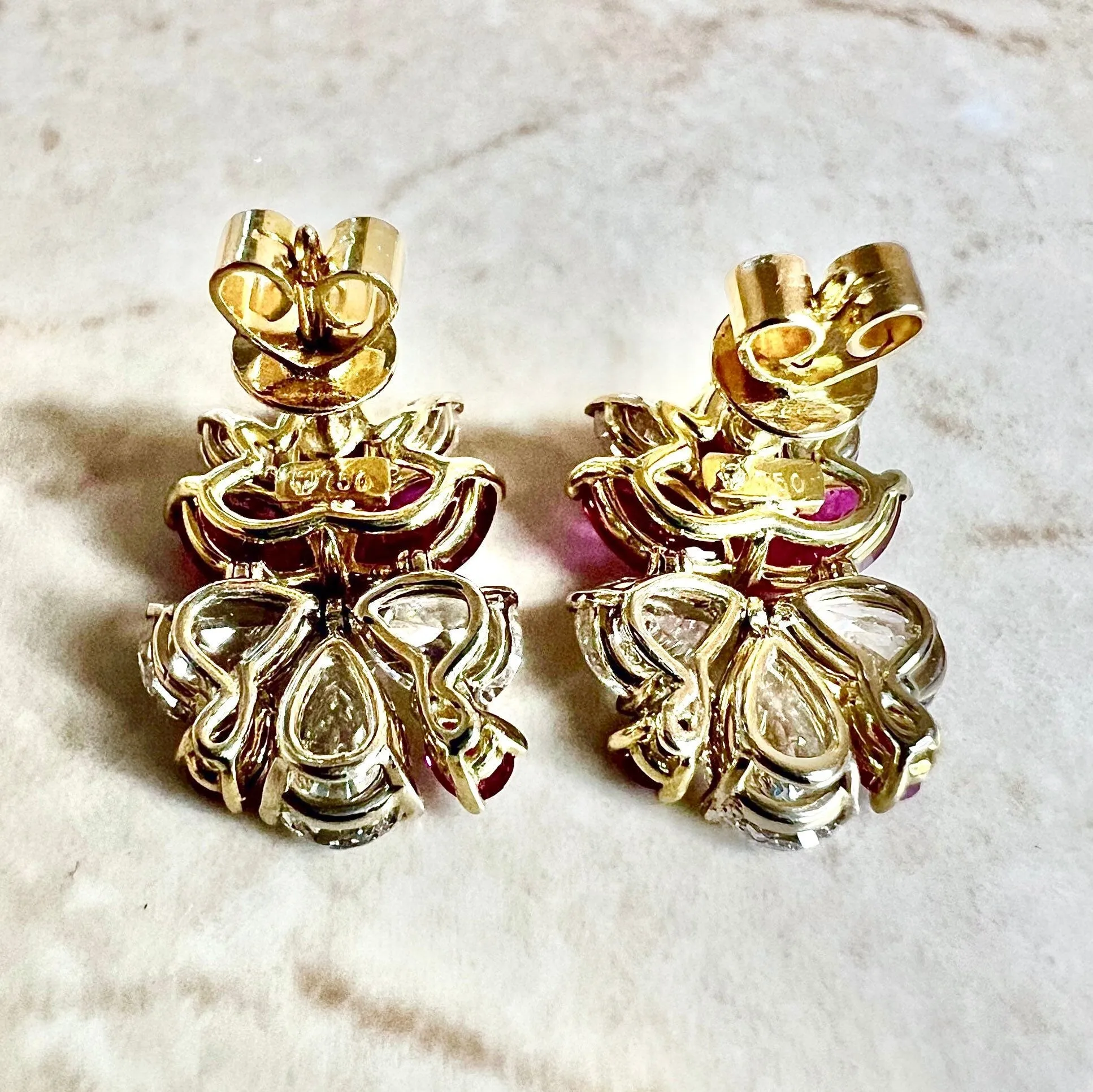 Important Handcrafted 18 Karat Yellow Gold Untreated Burmese Ruby & Diamond Earrings By Carvin French