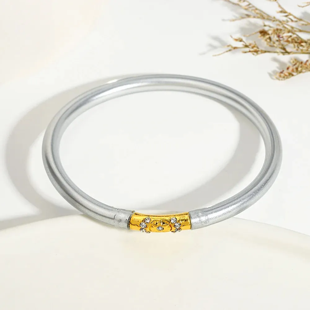Inlaid Rhinestone Metal Buckle Silicone Bracelet for Women Buddhist Rush Temple Glitter Filled Jelly Lightweight Bangles