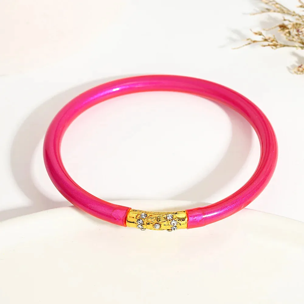 Inlaid Rhinestone Metal Buckle Silicone Bracelet for Women Buddhist Rush Temple Glitter Filled Jelly Lightweight Bangles