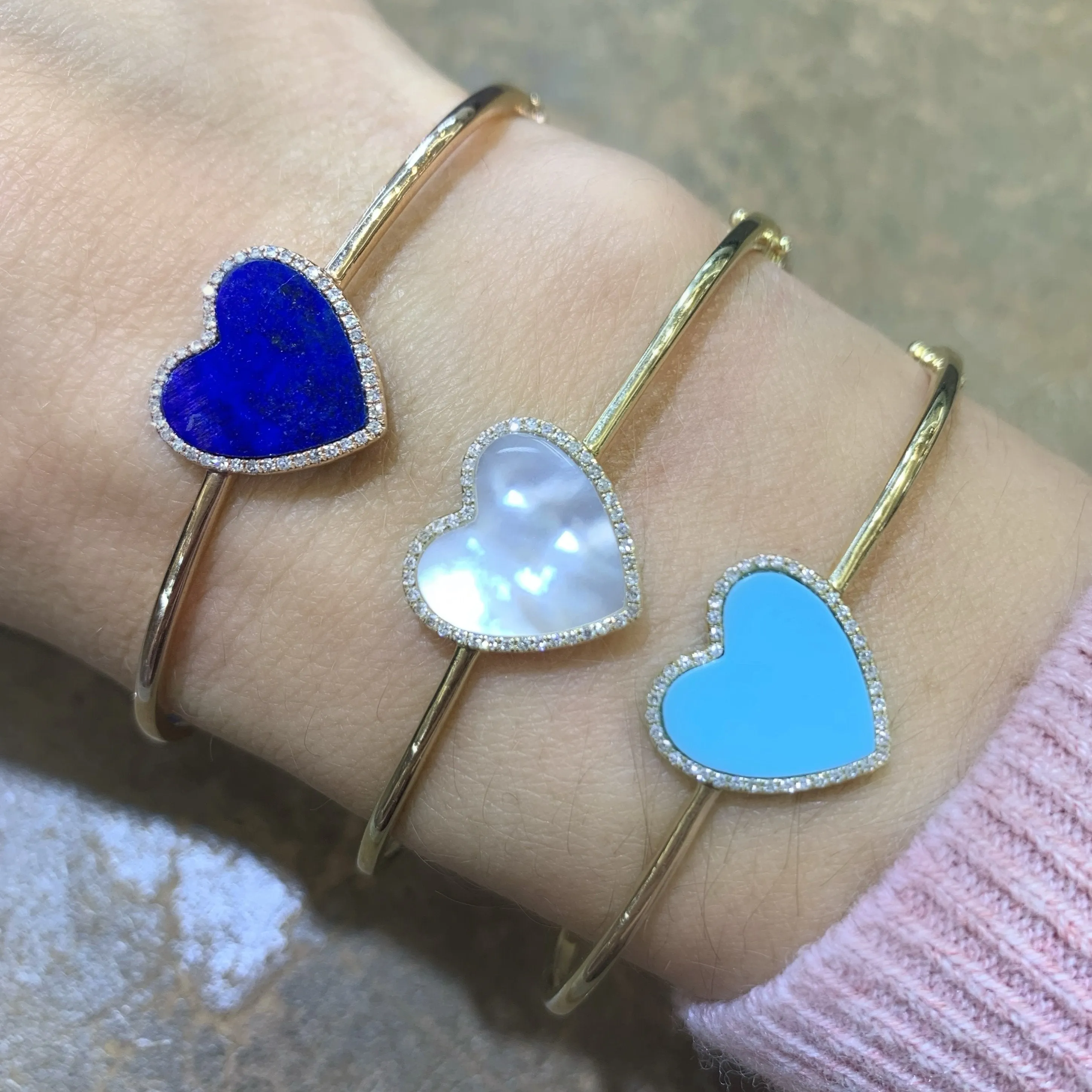 Inlay Heart with Diamond Frame Hinge Bangle