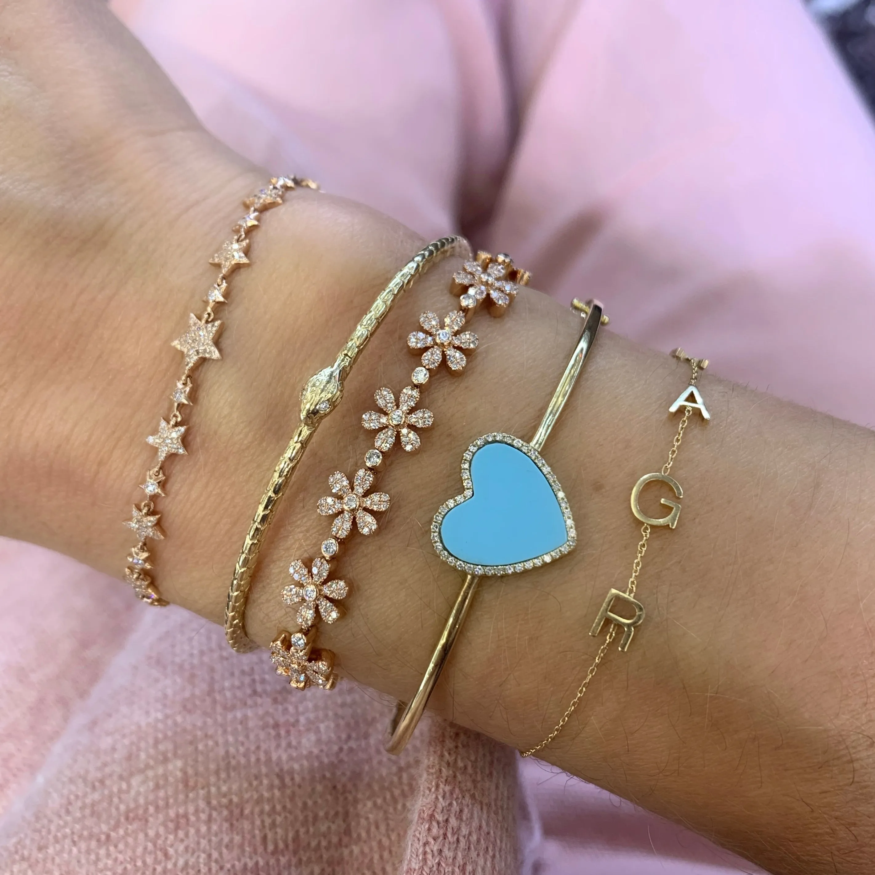 Inlay Heart with Diamond Frame Hinge Bangle