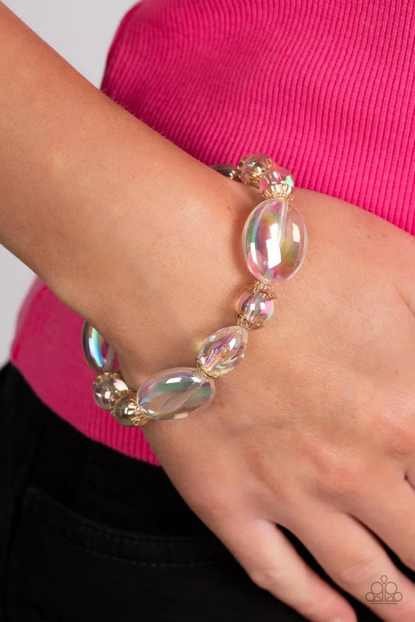 Iridescent Illusions - Gold - White Bubbly Iridescent Beads Paparazzi Stretchy Bracelet