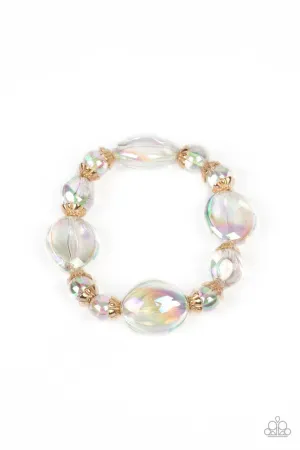Iridescent Illusions - Gold - White Bubbly Iridescent Beads Paparazzi Stretchy Bracelet
