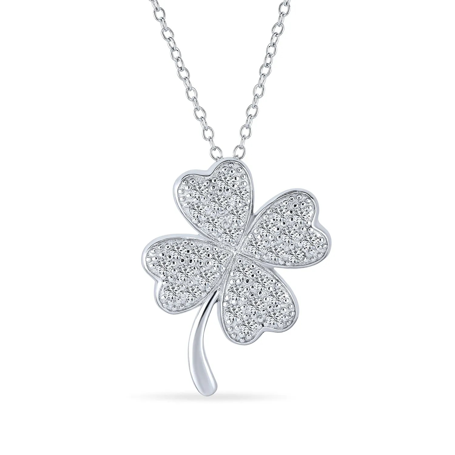 Irish Shamrock Four Leaf Clover Pendant Necklace Sterling Silver with CZ Charm
