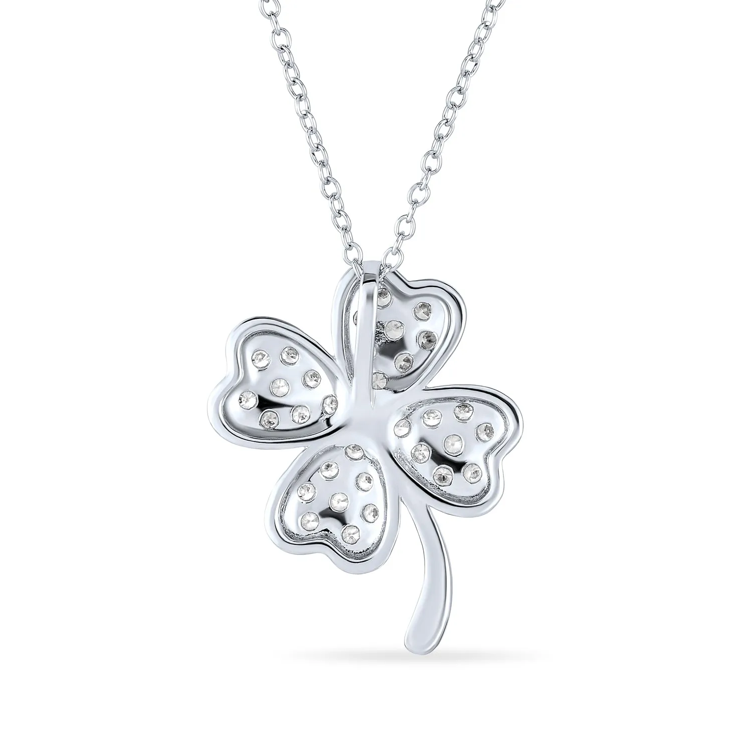 Irish Shamrock Four Leaf Clover Pendant Necklace Sterling Silver with CZ Charm