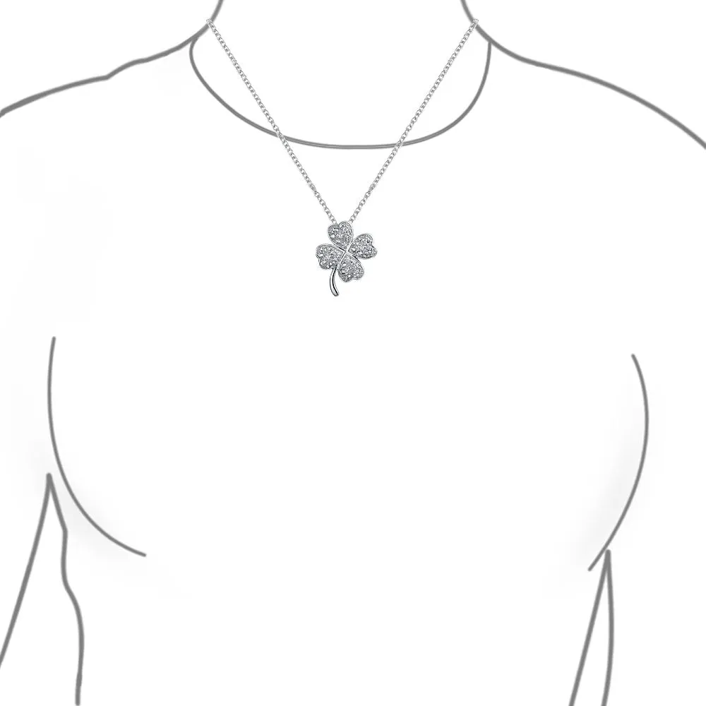 Irish Shamrock Four Leaf Clover Pendant Necklace Sterling Silver with CZ Charm