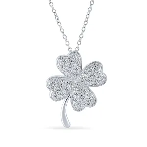 Irish Shamrock Four Leaf Clover Pendant Necklace Sterling Silver with CZ Charm