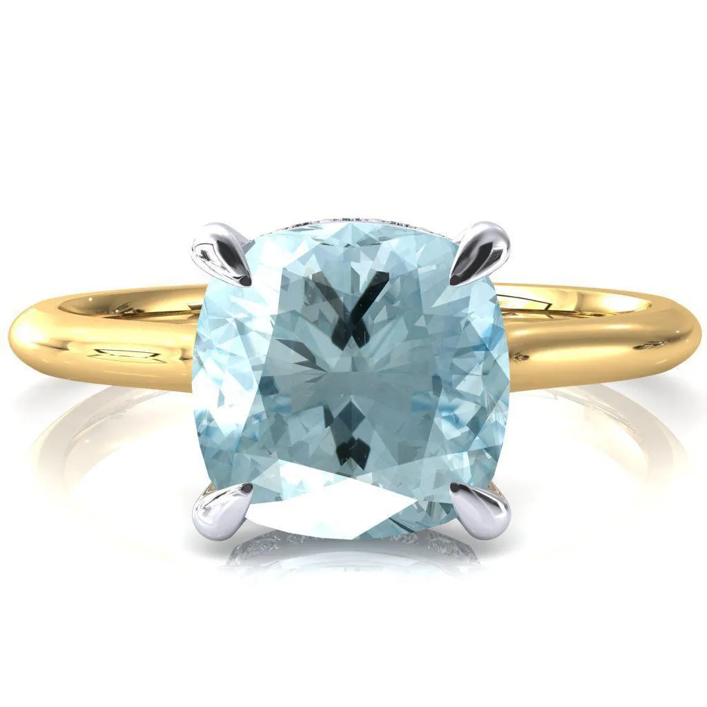 Janey Cushion Aqua Blue Spinel 4 Prongs Claw Floating Halo Inverted Cathedral Ring