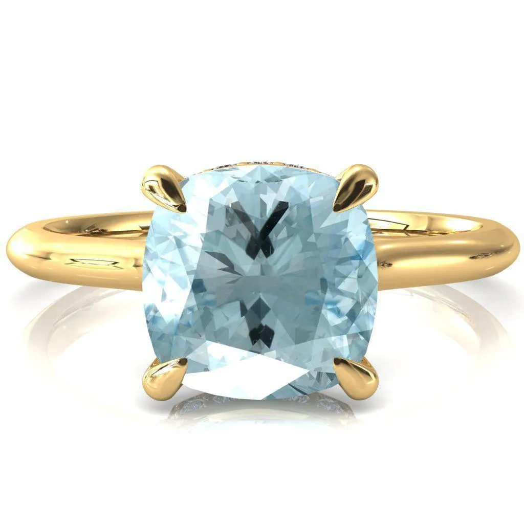 Janey Cushion Aqua Blue Spinel 4 Prongs Claw Floating Halo Inverted Cathedral Ring