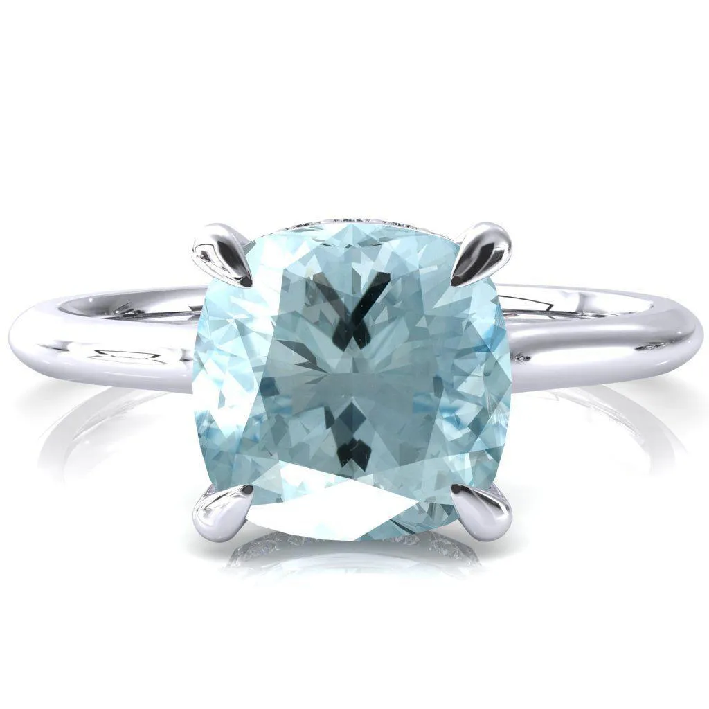 Janey Cushion Aqua Blue Spinel 4 Prongs Claw Floating Halo Inverted Cathedral Ring