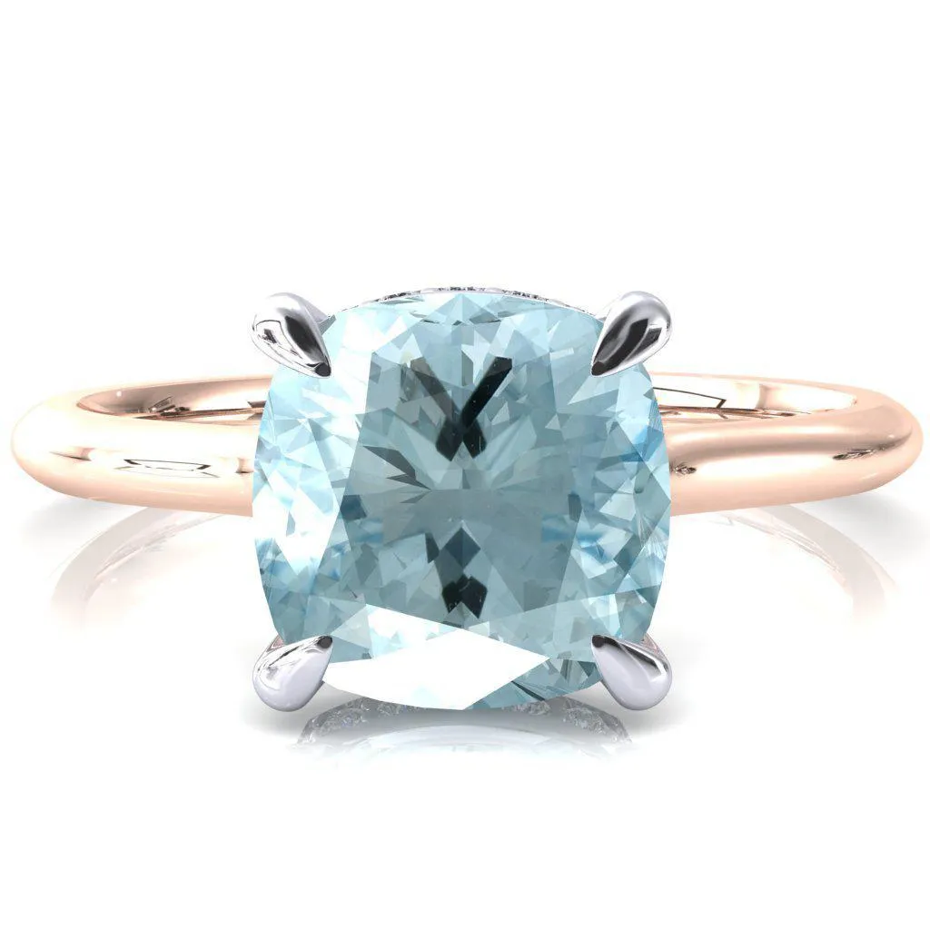 Janey Cushion Aqua Blue Spinel 4 Prongs Claw Floating Halo Inverted Cathedral Ring