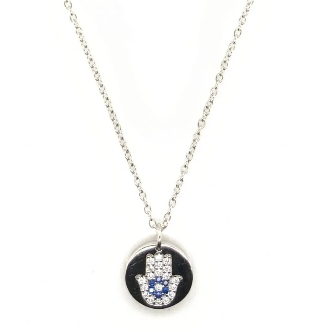 Jilly Mini CZ Hamsa Disc Necklace With Sapphire Colored Stones