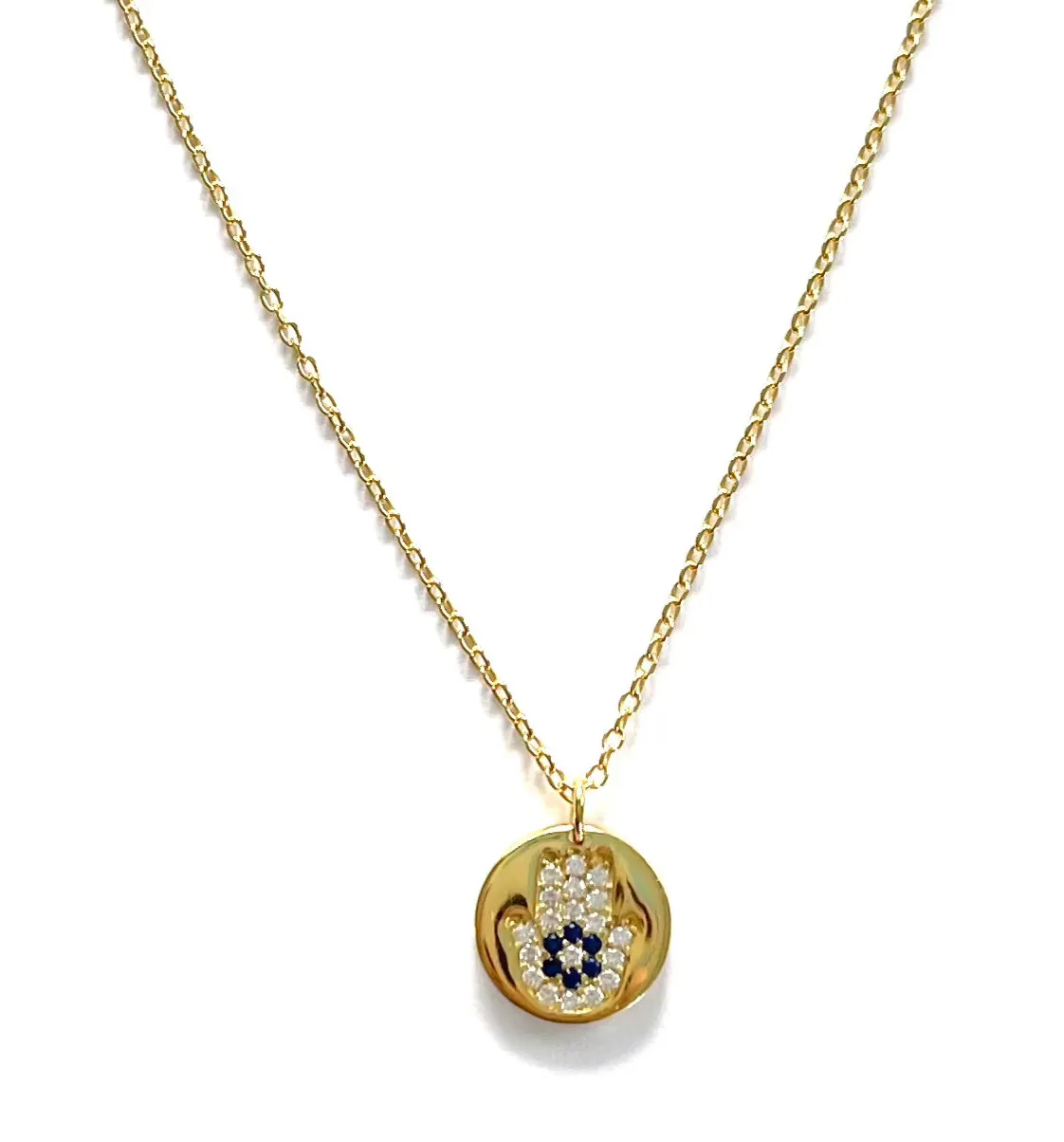 Jilly Mini CZ Hamsa Disc Necklace With Sapphire Colored Stones