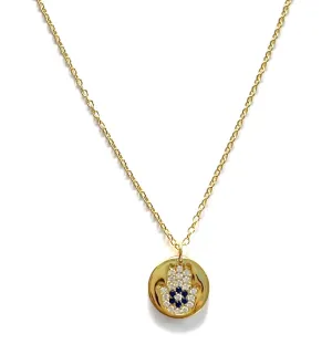 Jilly Mini CZ Hamsa Disc Necklace With Sapphire Colored Stones