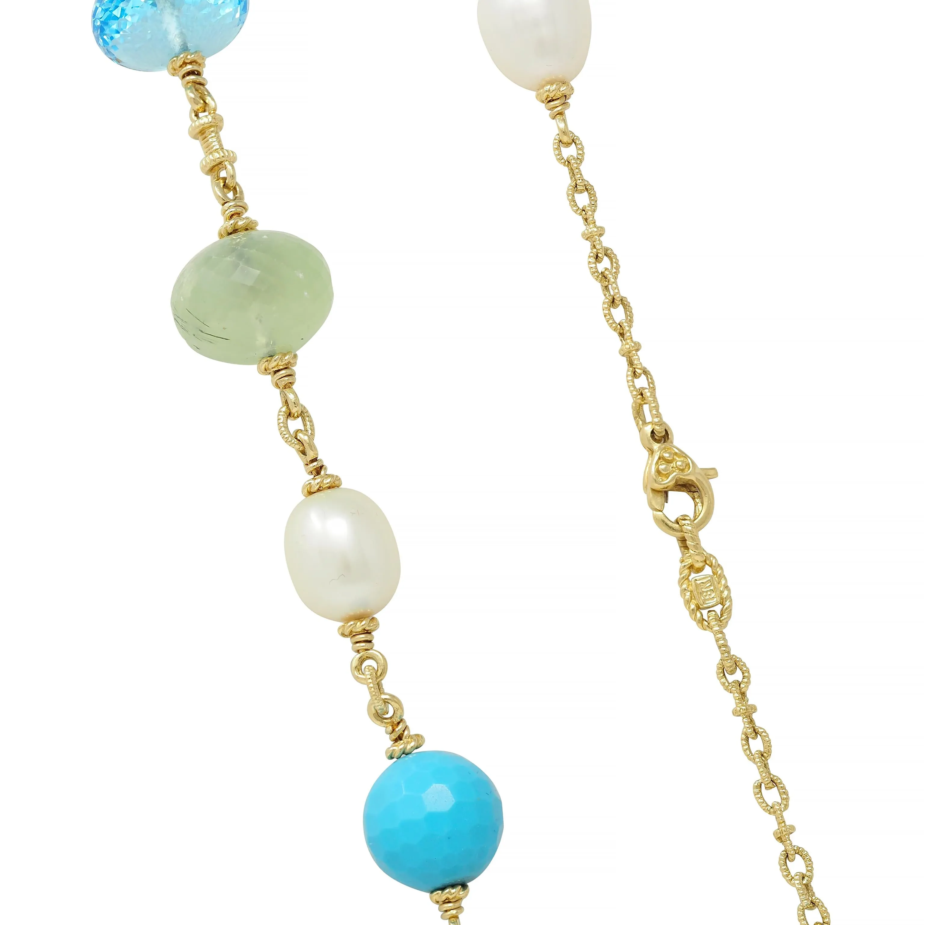 Judith Ripka Pearl Turquoise Topaz Diamond Aquamarine Quartz 18 Karat Yellow Gold Necklace