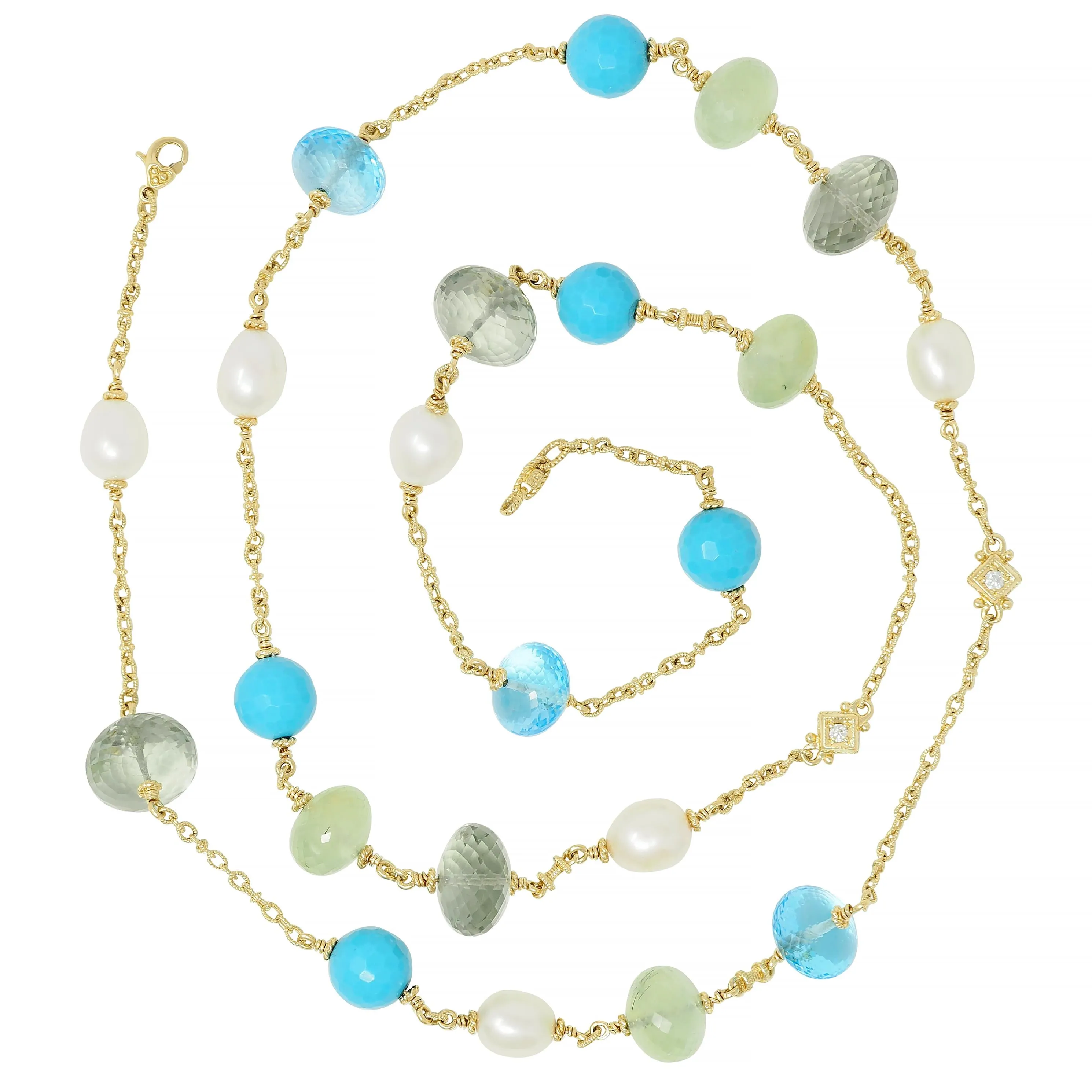 Judith Ripka Pearl Turquoise Topaz Diamond Aquamarine Quartz 18 Karat Yellow Gold Necklace