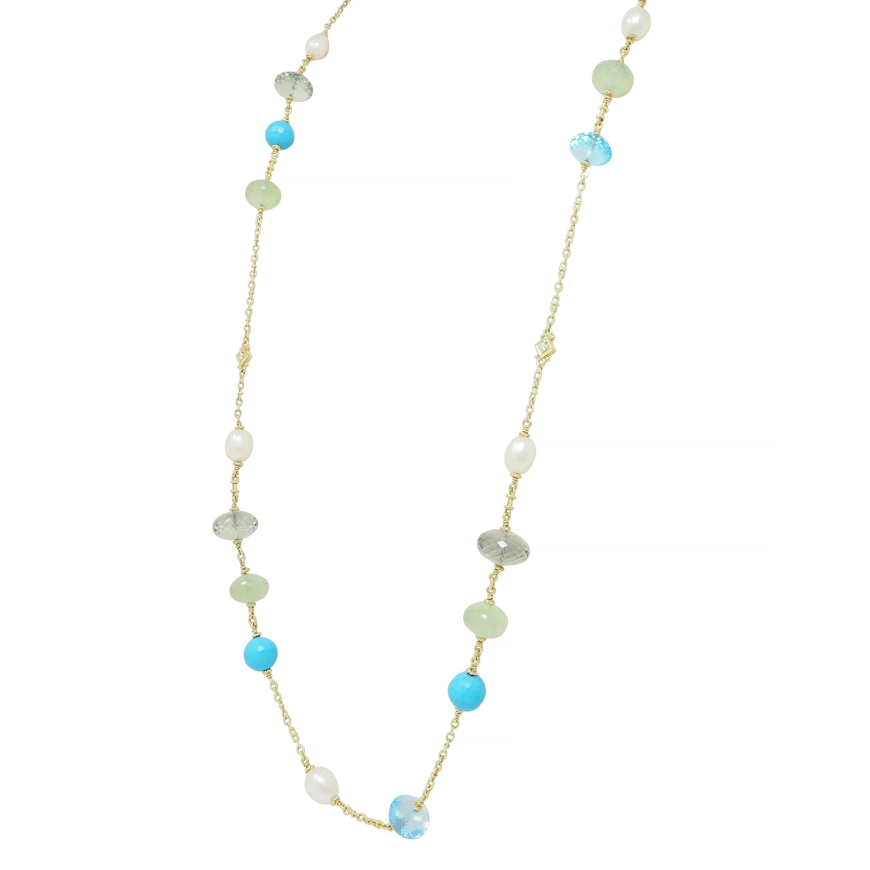 Judith Ripka Pearl Turquoise Topaz Diamond Aquamarine Quartz 18 Karat Yellow Gold Necklace