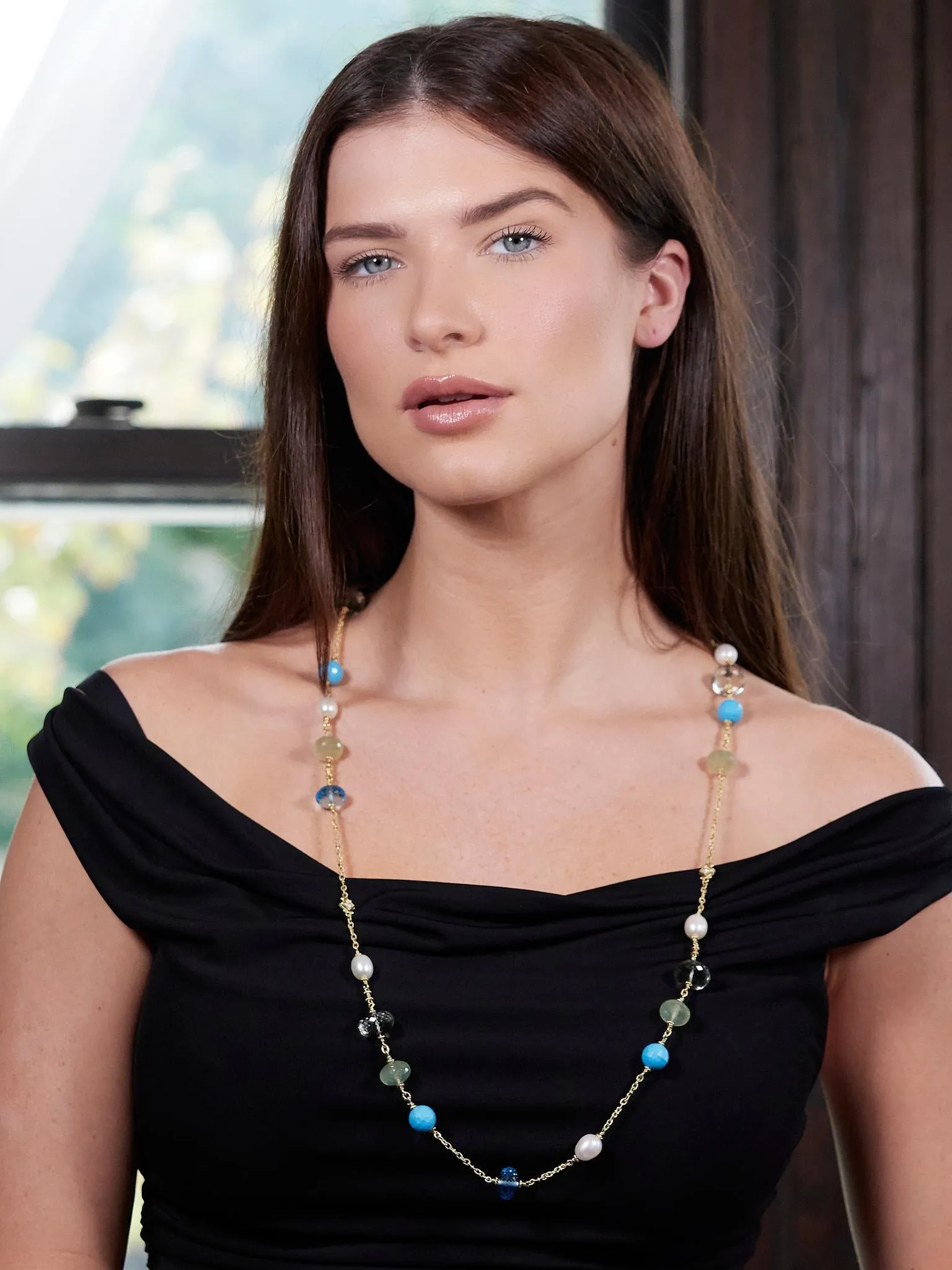 Judith Ripka Pearl Turquoise Topaz Diamond Aquamarine Quartz 18 Karat Yellow Gold Necklace