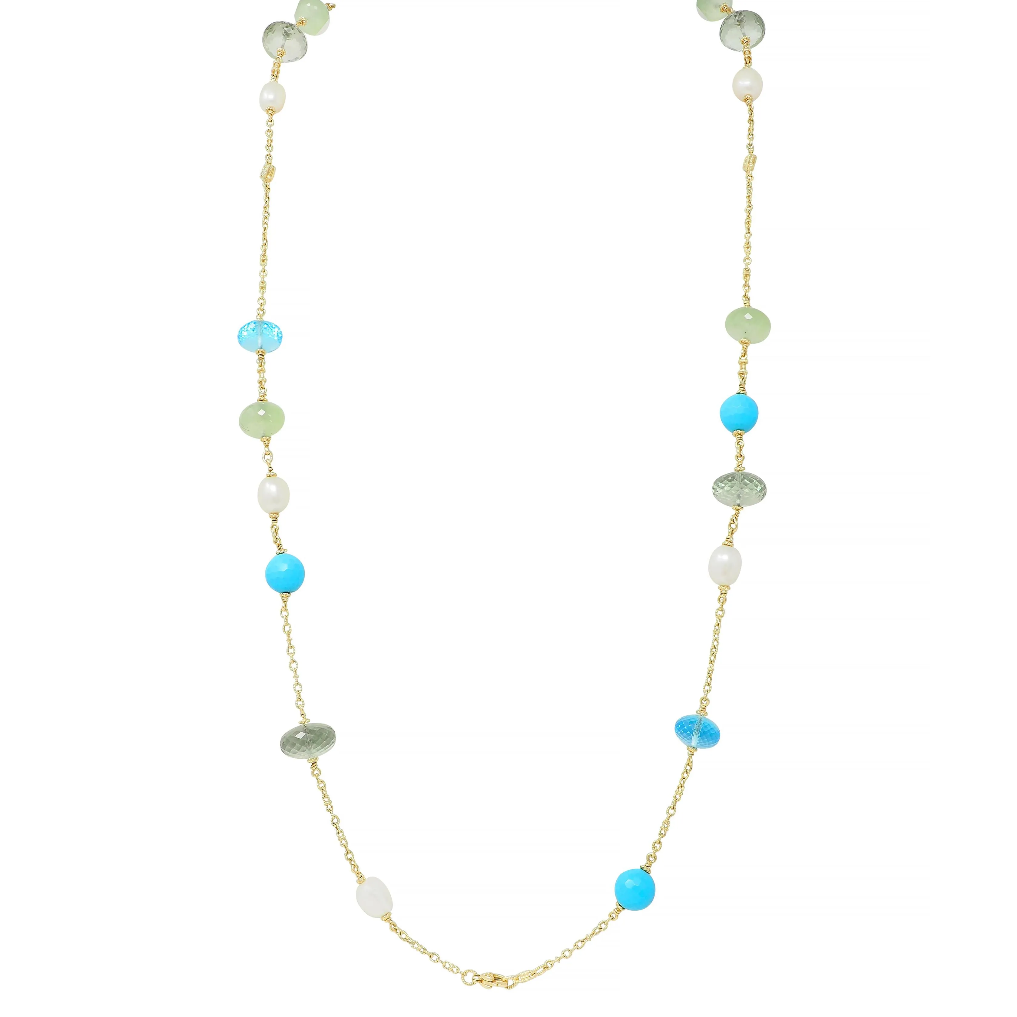 Judith Ripka Pearl Turquoise Topaz Diamond Aquamarine Quartz 18 Karat Yellow Gold Necklace