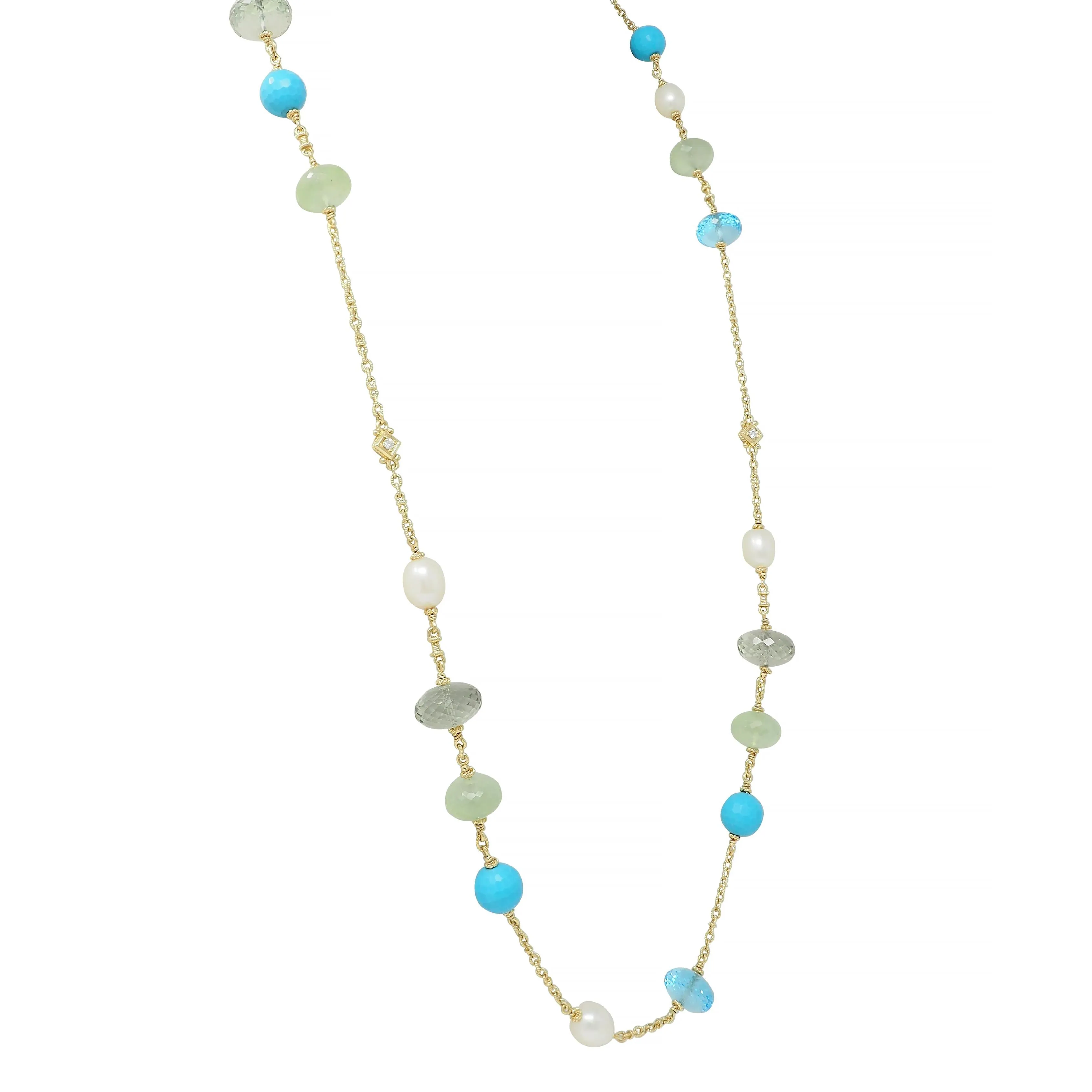 Judith Ripka Pearl Turquoise Topaz Diamond Aquamarine Quartz 18 Karat Yellow Gold Necklace
