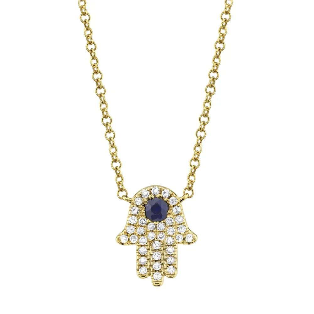 Kate 14K Yellow Gold Center Blue Sapphire & Diamond Pavé Hamsa Necklace