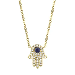 Kate 14K Yellow Gold Center Blue Sapphire & Diamond Pavé Hamsa Necklace