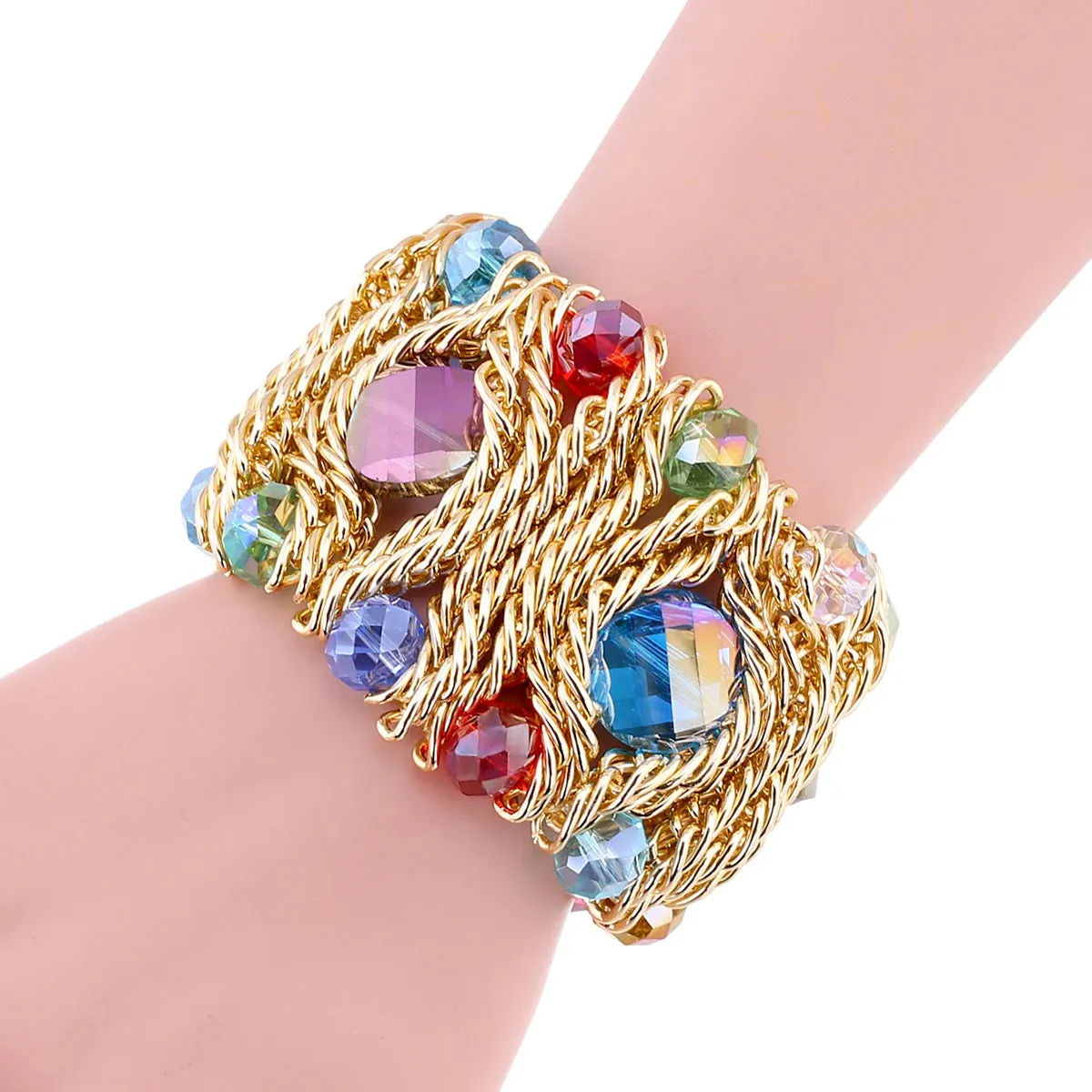 KAYMEN Fashion Crystal Bracelet Elastic Bangle for Women Handmade Bohemian Statement Charm Bracelet Cocktail Party Jewelry