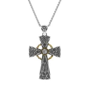 Keith Jack Celtic Cross Sterling Silver and 10K Yellow Gold White Sapphire Pendant