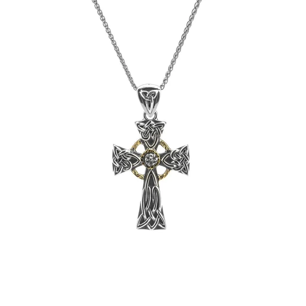 Keith Jack Small Celtic Cross Sterling Silver and 10K Yellow Gold White Sapphire Pendant