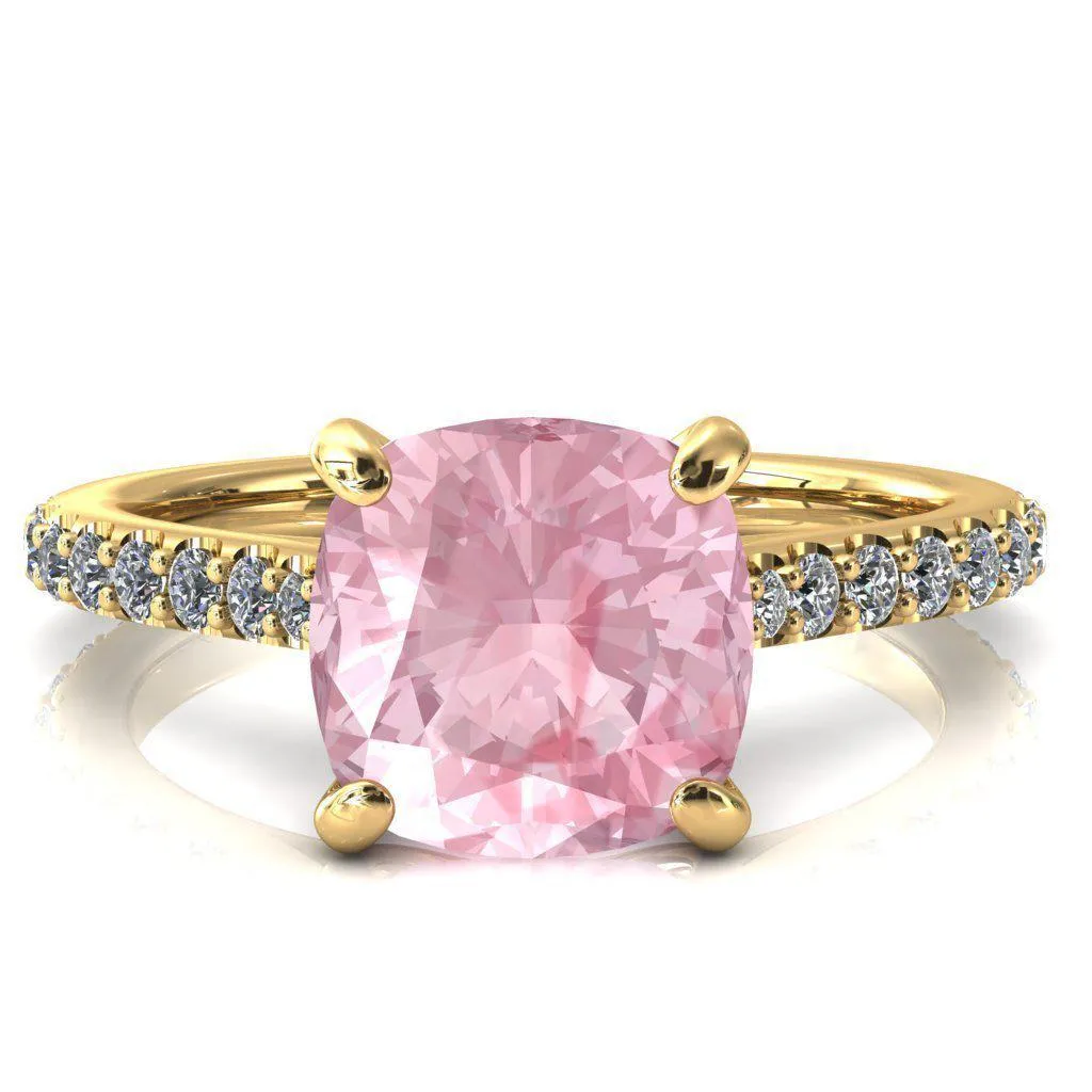 Kelsy Cushion Pink Sapphire 4 Prong 3/4 Shared Scalloped Inverted Cathedral Ring