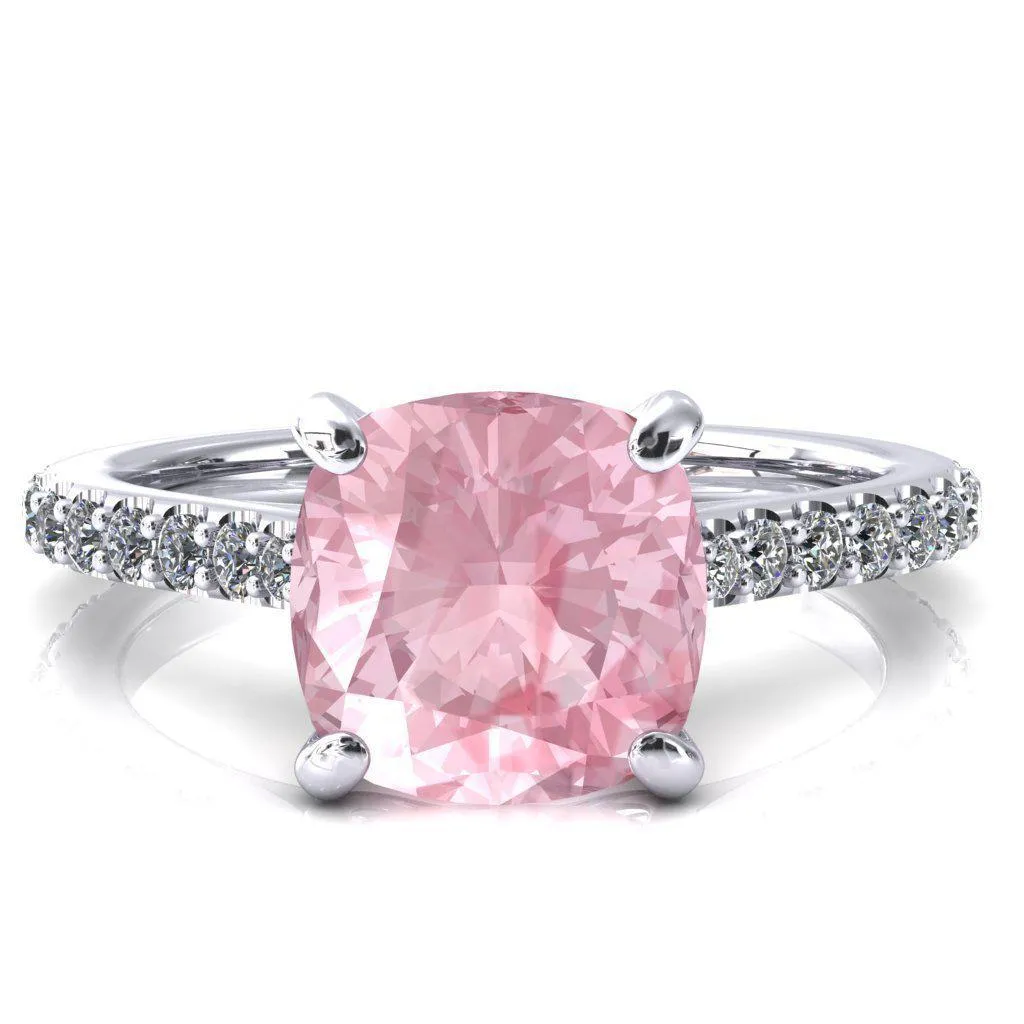 Kelsy Cushion Pink Sapphire 4 Prong 3/4 Shared Scalloped Inverted Cathedral Ring