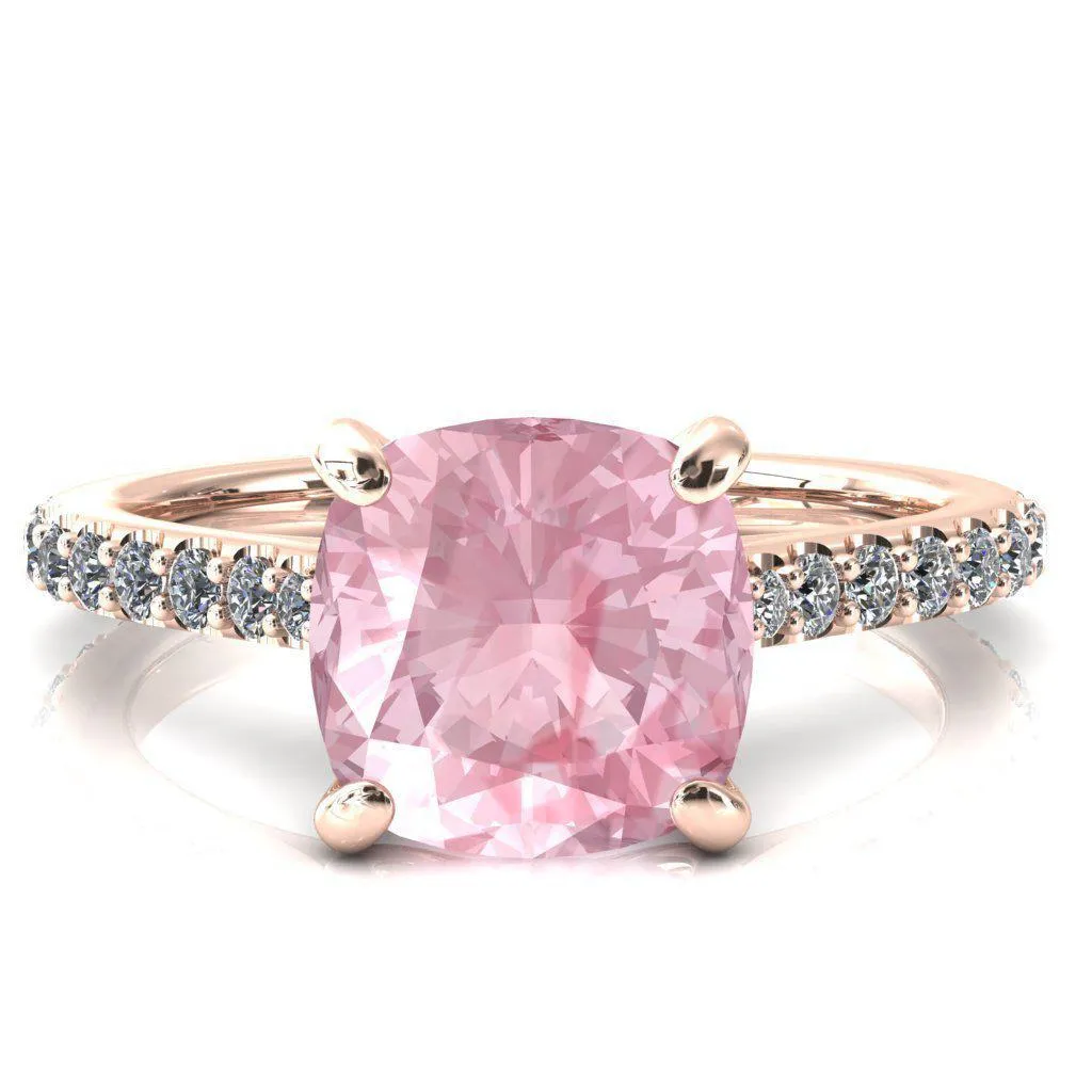 Kelsy Cushion Pink Sapphire 4 Prong 3/4 Shared Scalloped Inverted Cathedral Ring