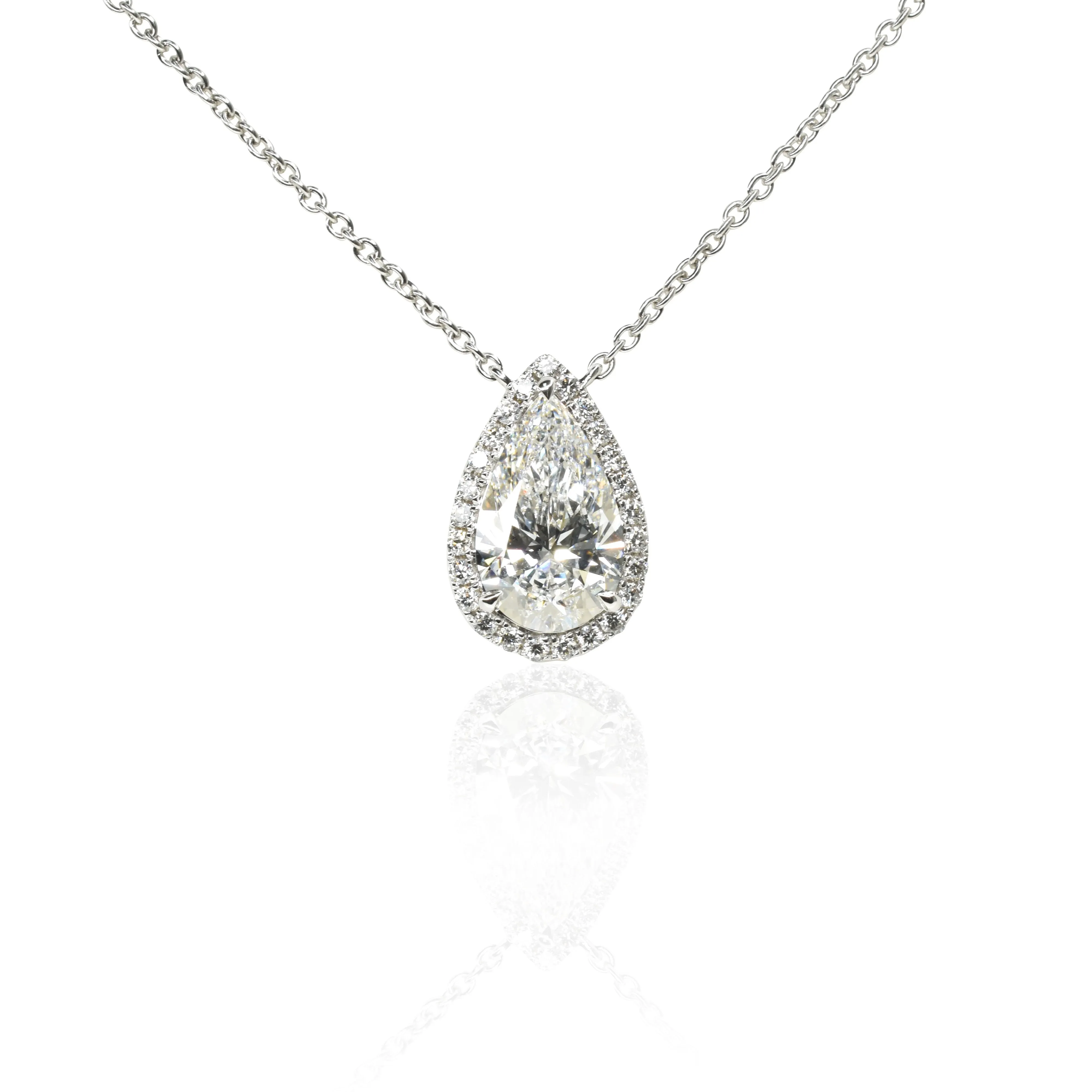 Lab Grown Diamond Necklace with a 2ct Pear Shape Diamond and Halo
