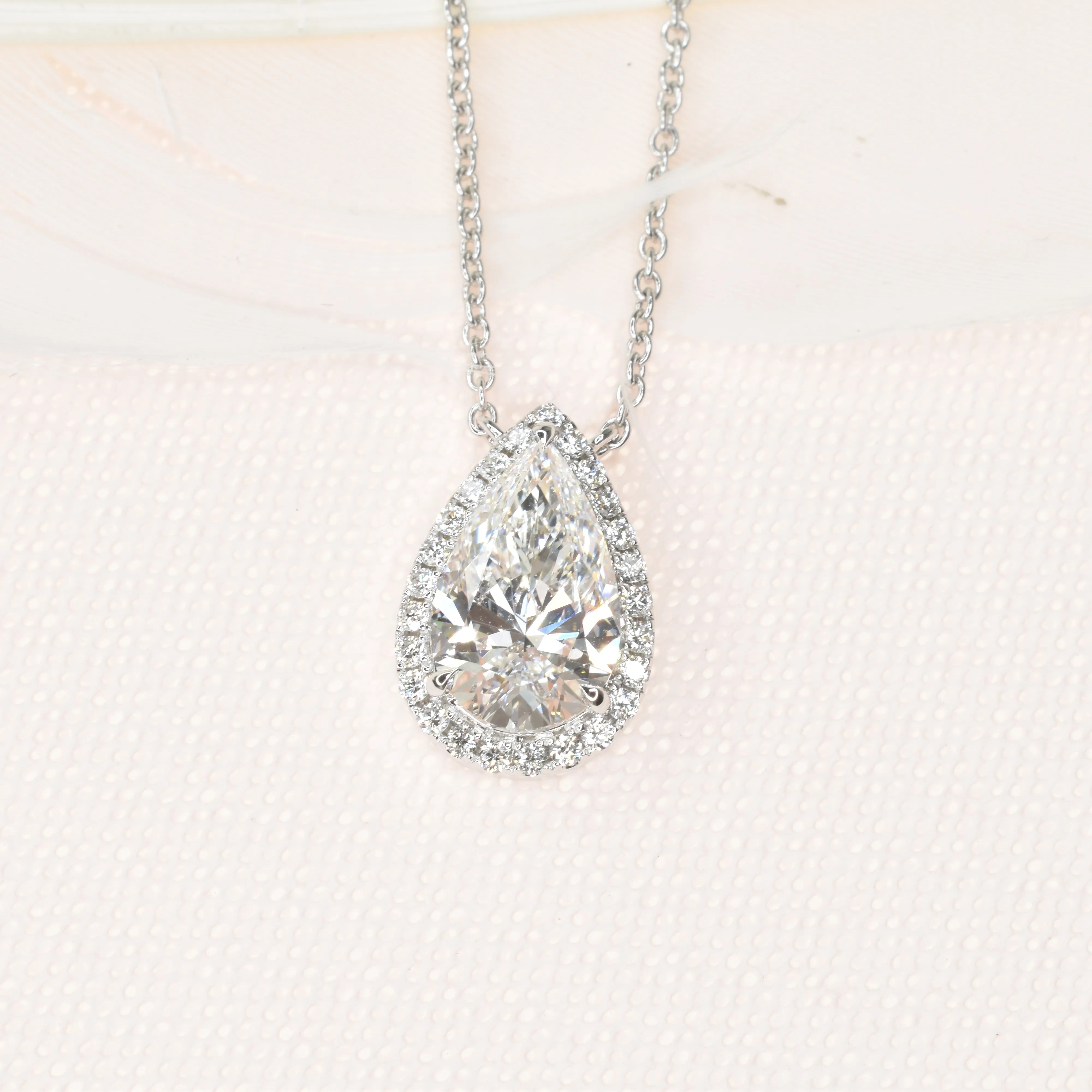Lab Grown Diamond Necklace with a 2ct Pear Shape Diamond and Halo