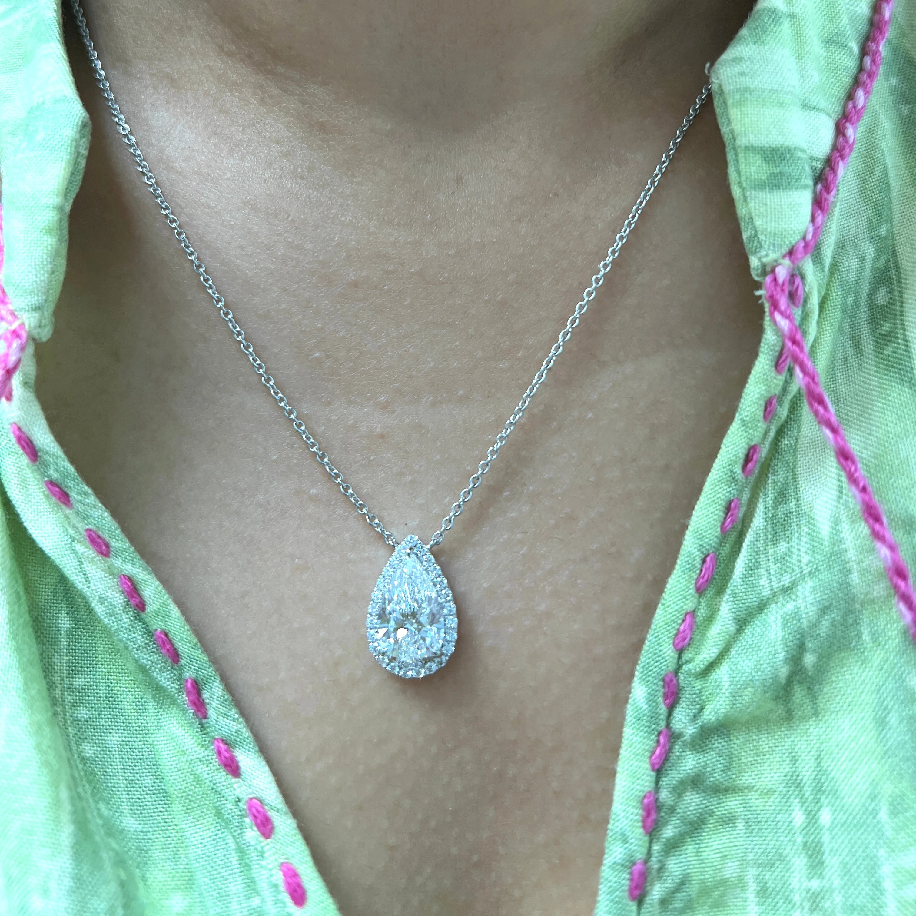 Lab Grown Diamond Necklace with a 2ct Pear Shape Diamond and Halo