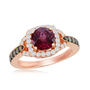Le Vian Raspberry Rhodolite Vanilla Diamond Halo Ring with Side Chocolate Diamonds