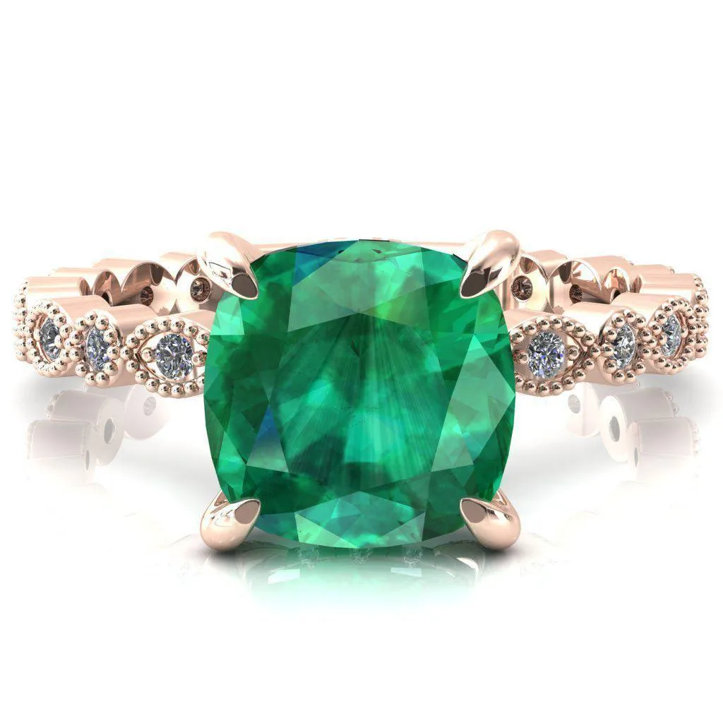Lizette Cushion Emerald 4 Claw Prong 3/4 Eternity Milgrain Diamond Shank Engagement Ring