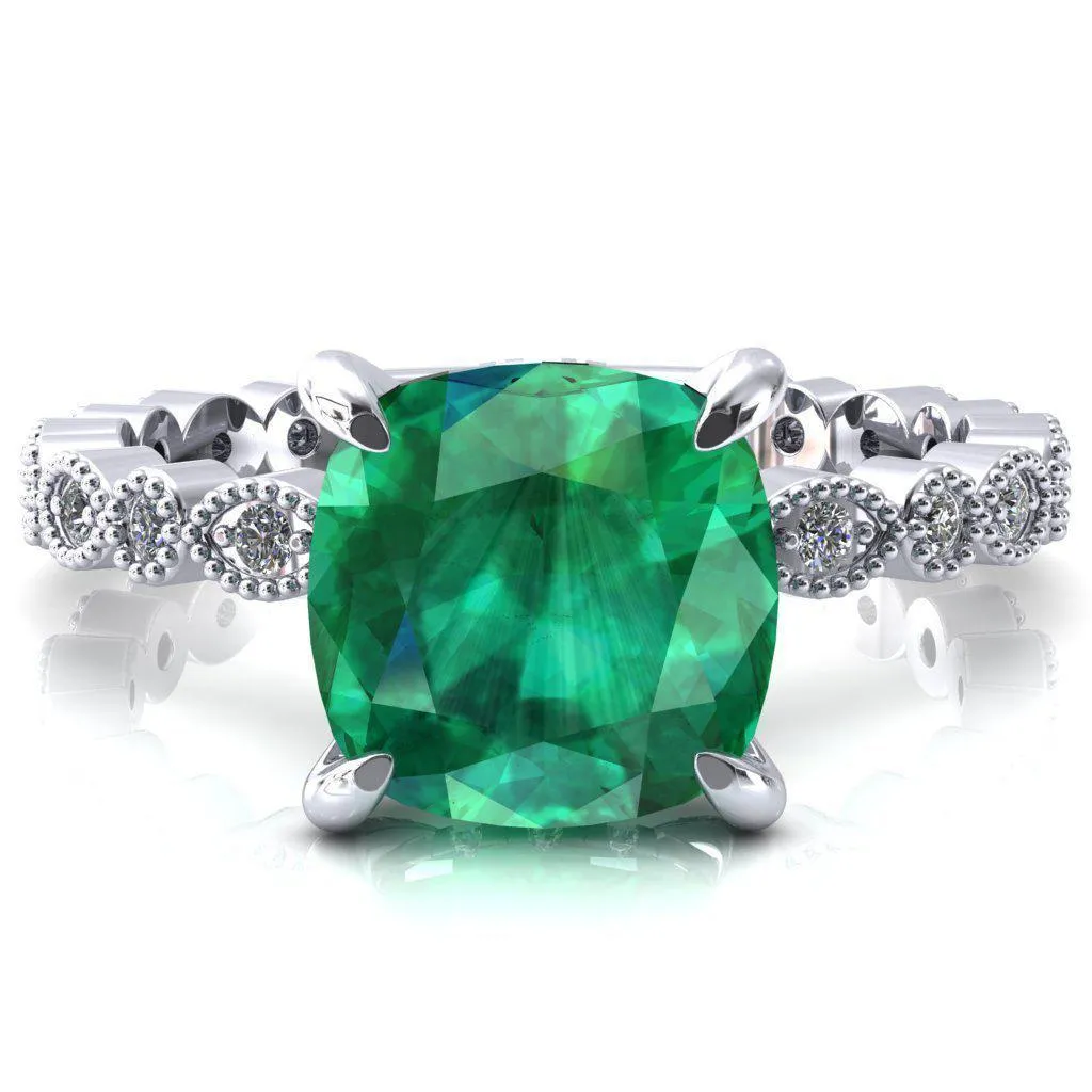 Lizette Cushion Emerald 4 Claw Prong 3/4 Eternity Milgrain Diamond Shank Engagement Ring