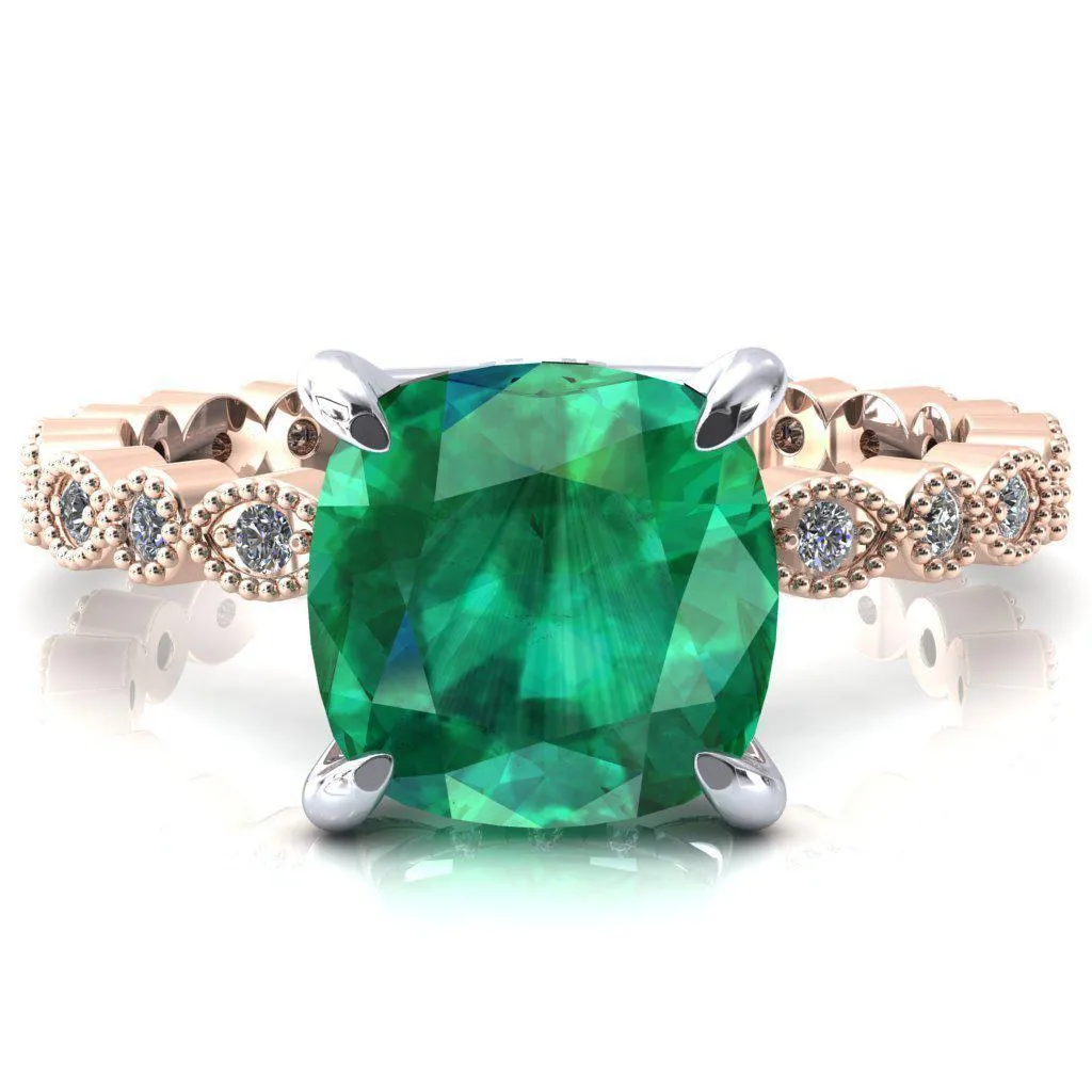 Lizette Cushion Emerald 4 Claw Prong 3/4 Eternity Milgrain Diamond Shank Engagement Ring