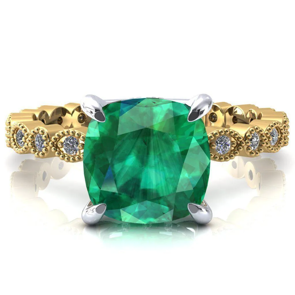 Lizette Cushion Emerald 4 Claw Prong 3/4 Eternity Milgrain Diamond Shank Engagement Ring