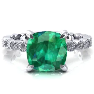 Lizette Cushion Emerald 4 Claw Prong 3/4 Eternity Milgrain Diamond Shank Engagement Ring