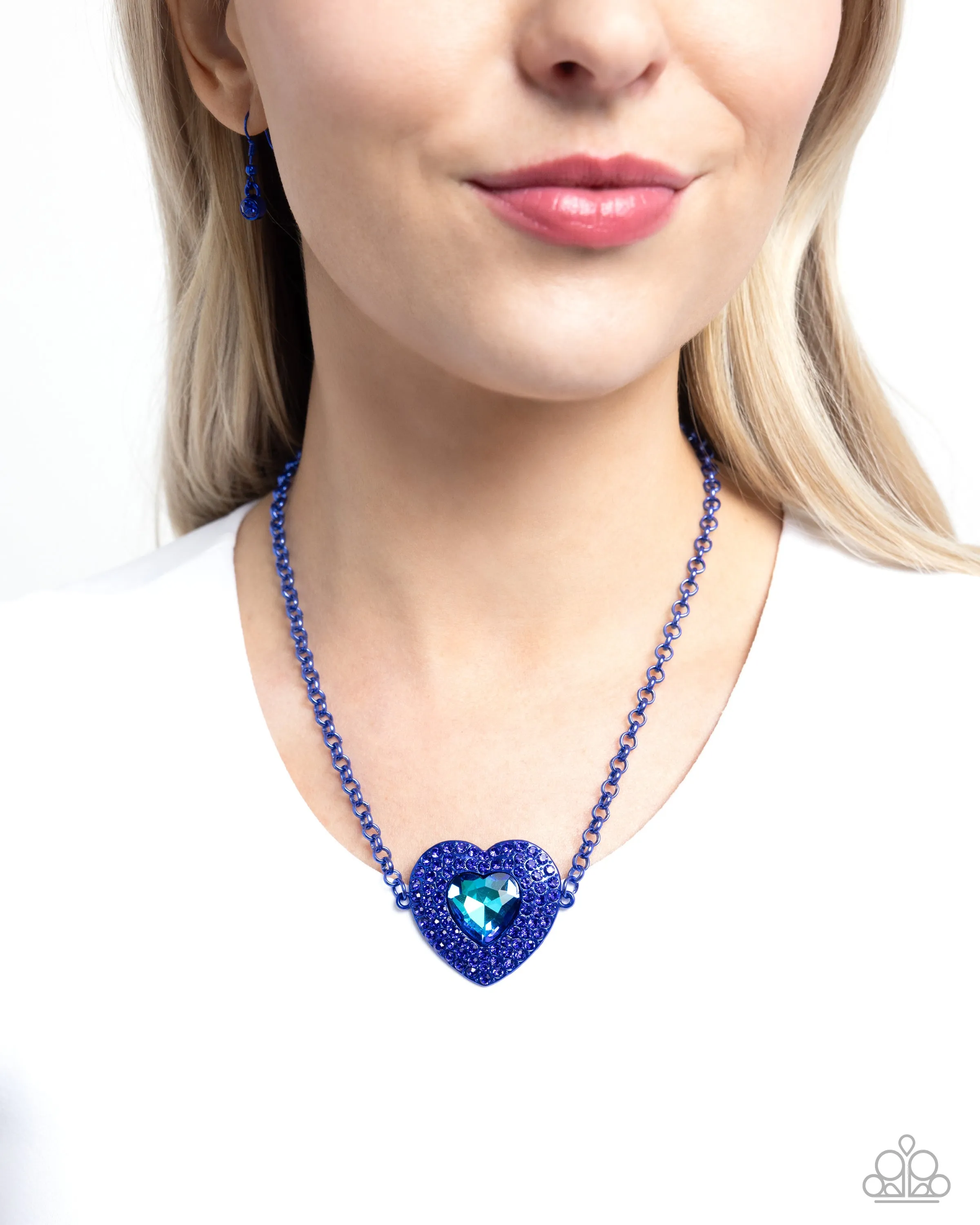 Locket Leisure - Blue - Gem Center Oversized Heart Paparazzi Short Necklace