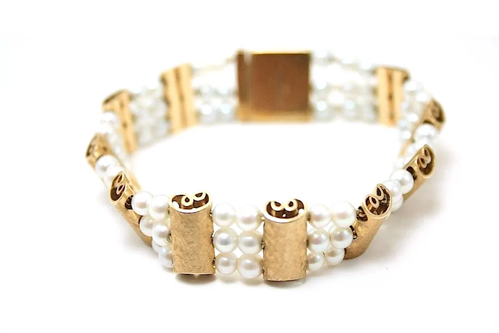 Lucien Piccard Designer Vintage White Pearl and Brushed Gold Bracelet