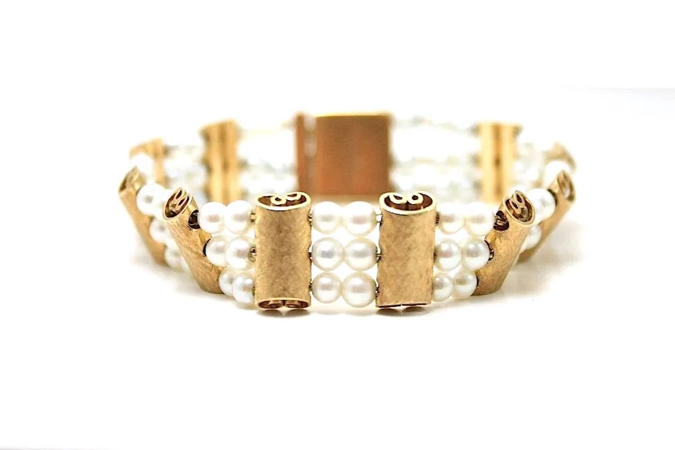 Lucien Piccard Designer Vintage White Pearl and Brushed Gold Bracelet