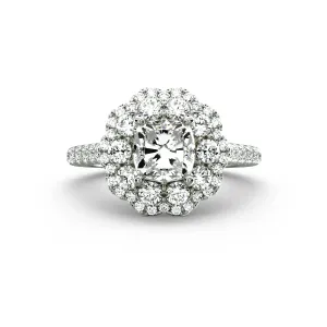 Luxury Cushion-Cut Diamond Engagement Ring | Custom K Gold Double Halo Lab-Grown Diamond with Half-Band Pavé Design