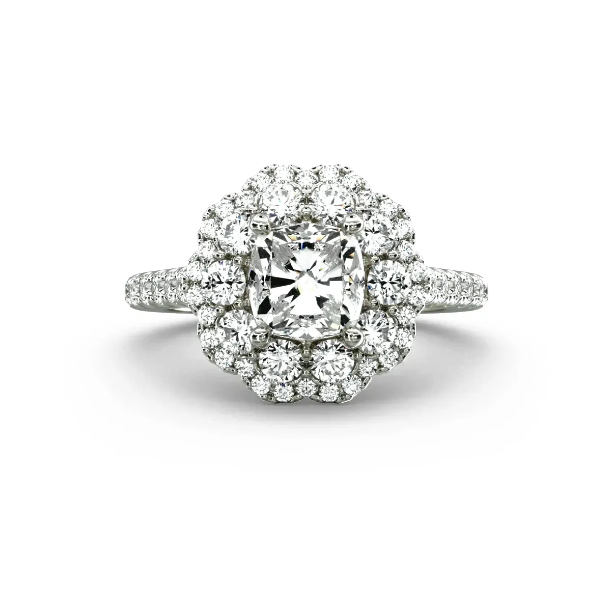 Luxury Cushion-Cut Diamond Engagement Ring | Custom K Gold Double Halo Lab-Grown Diamond with Half-Band Pavé Design
