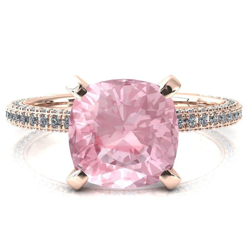 Mariyah Cushion Pink Sapphire 4 Prong 3/4 Eternity 3 Sided Diamond Shank Engagement Ring
