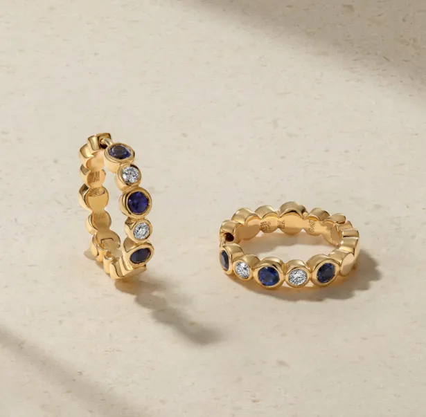 Mark Henry 18k Yellow Gold Bubbly Sapphire and Diamond Mini Hoop Earrings